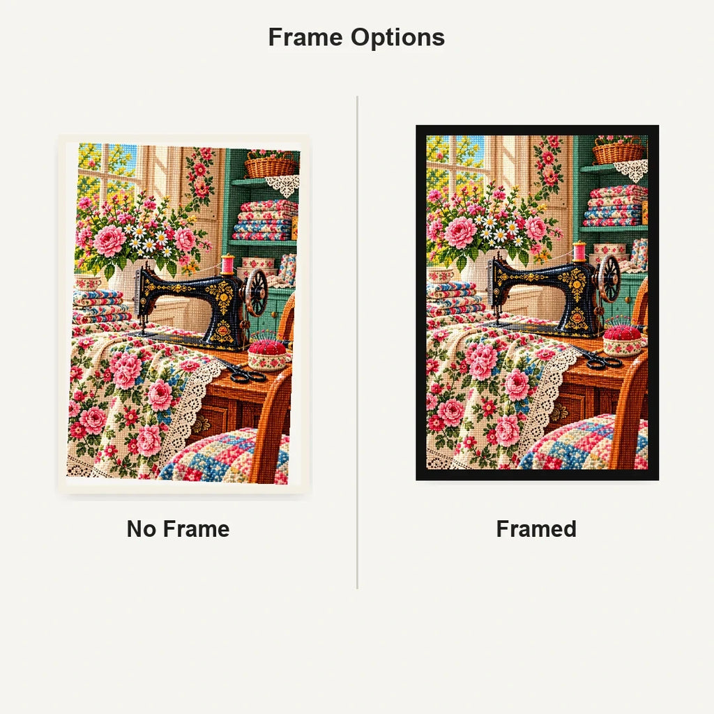 Vintage Sewing Room Roses — No Frame and Framed style comparison