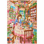 White-background diamond-painted canvas showing a student at a floral tea table in a vintage parlor