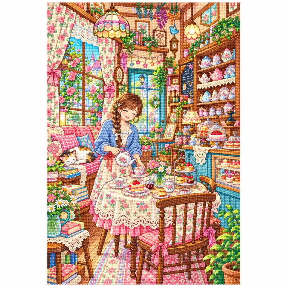 White-background diamond-painted canvas showing a student at a floral tea table in a vintage parlor