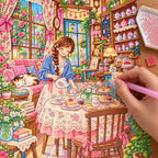 Hands placing diamond drills on the vintage tea room student canvas