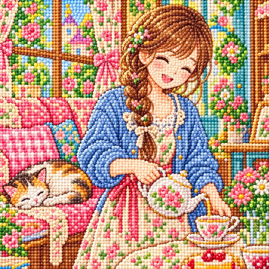 Close-up of faceted drills forming a student at a floral tea table in a vintage parlor