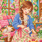 Close-up of faceted drills forming a student at a floral tea table in a vintage parlor