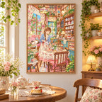 Framed diamond painting of a student at a floral tea table in a vintage parlor displayed in a home interior