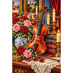 Vintage Violin Roses Candles — finished diamond painting on a white background