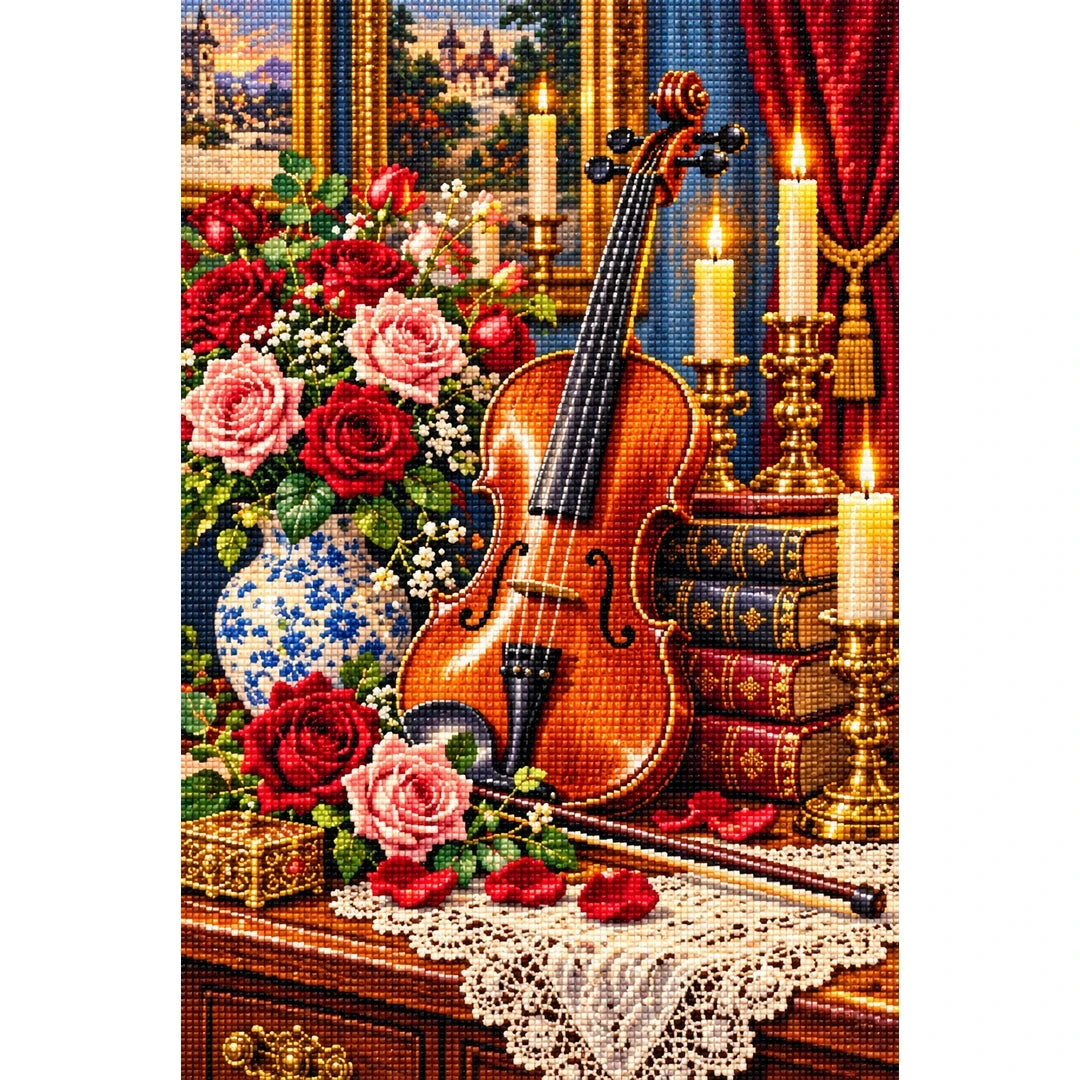 Vintage Violin Roses Candles — finished diamond painting on a white background