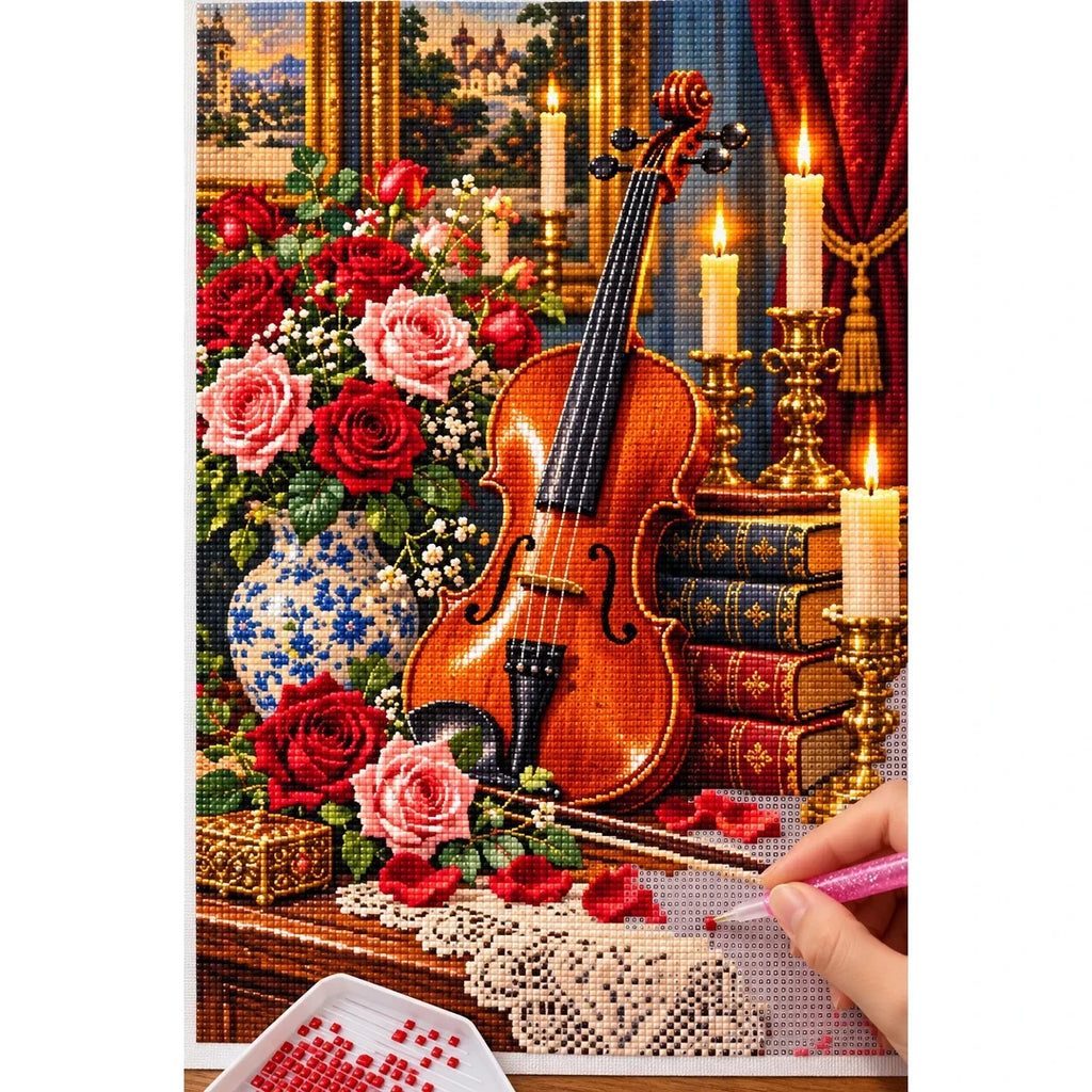 Vintage Violin Roses Candles — diamond painting process with applicator pen