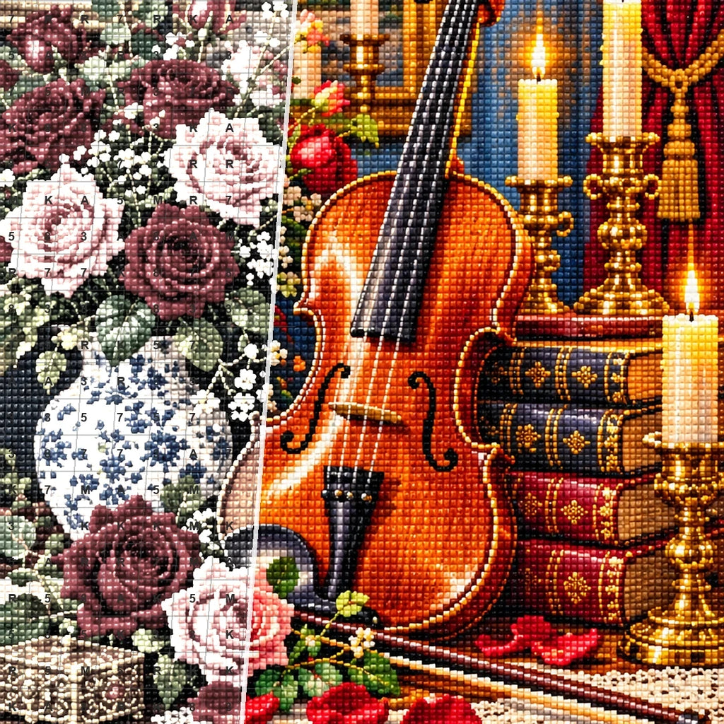 Vintage Violin Roses Candles — close-up canvas and resin drill detail