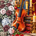 Vintage Violin Roses Candles — close-up canvas and resin drill detail