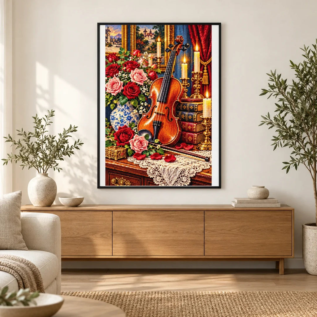 Vintage Violin Roses Candles — finished diamond painting displayed in a home interior