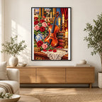 Vintage Violin Roses Candles — finished diamond painting displayed in a home interior