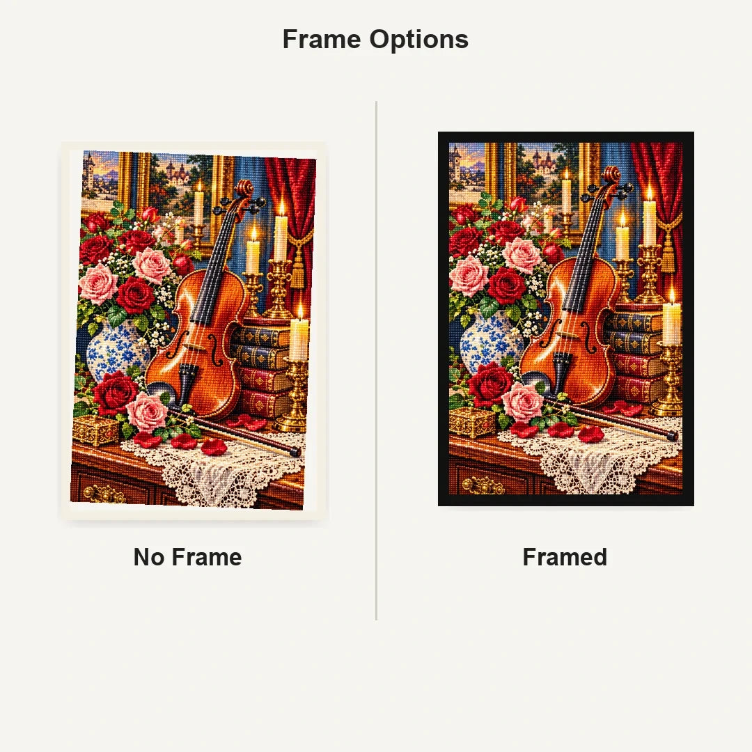 Vintage Violin Roses Candles — No Frame and Framed style comparison