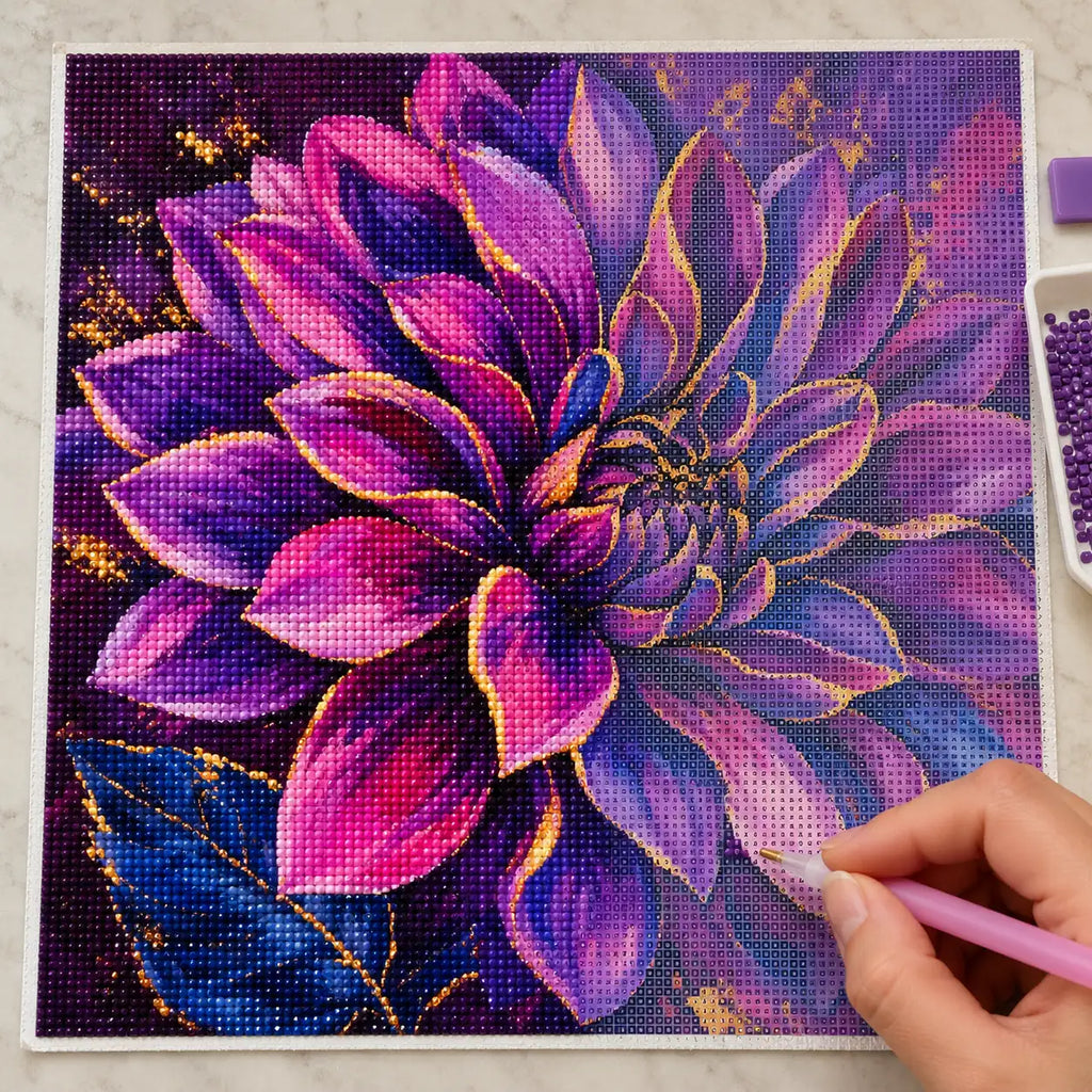 Diamond painting process for Violet Flame Bloom