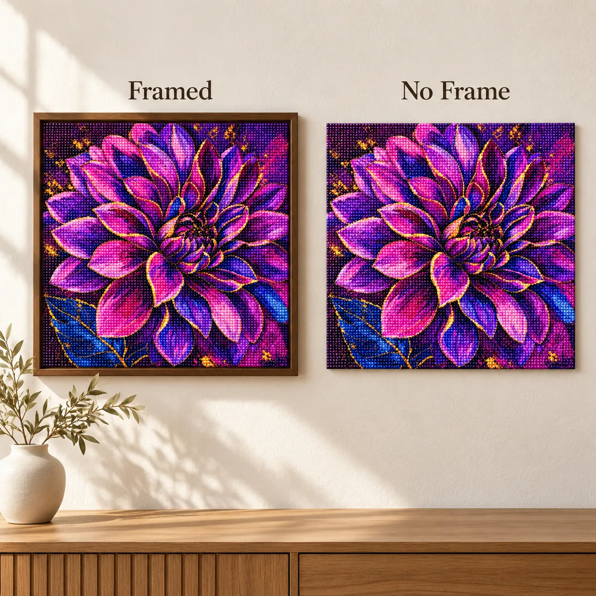 Framed and no-frame comparison for Violet Flame Bloom
