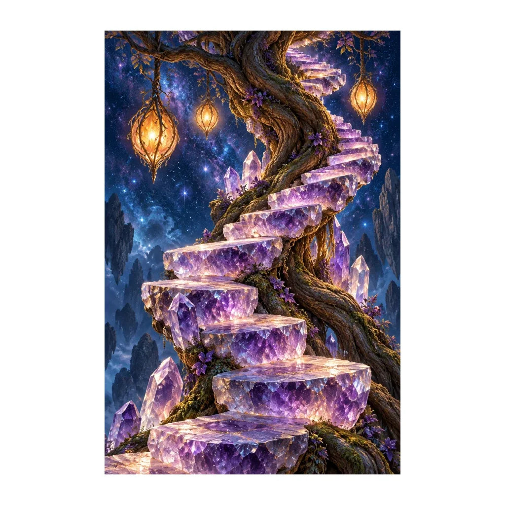 White-background original artwork of a violet geode stairway winding around a starry tree