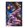 White-background original artwork of a violet geode stairway winding around a starry tree