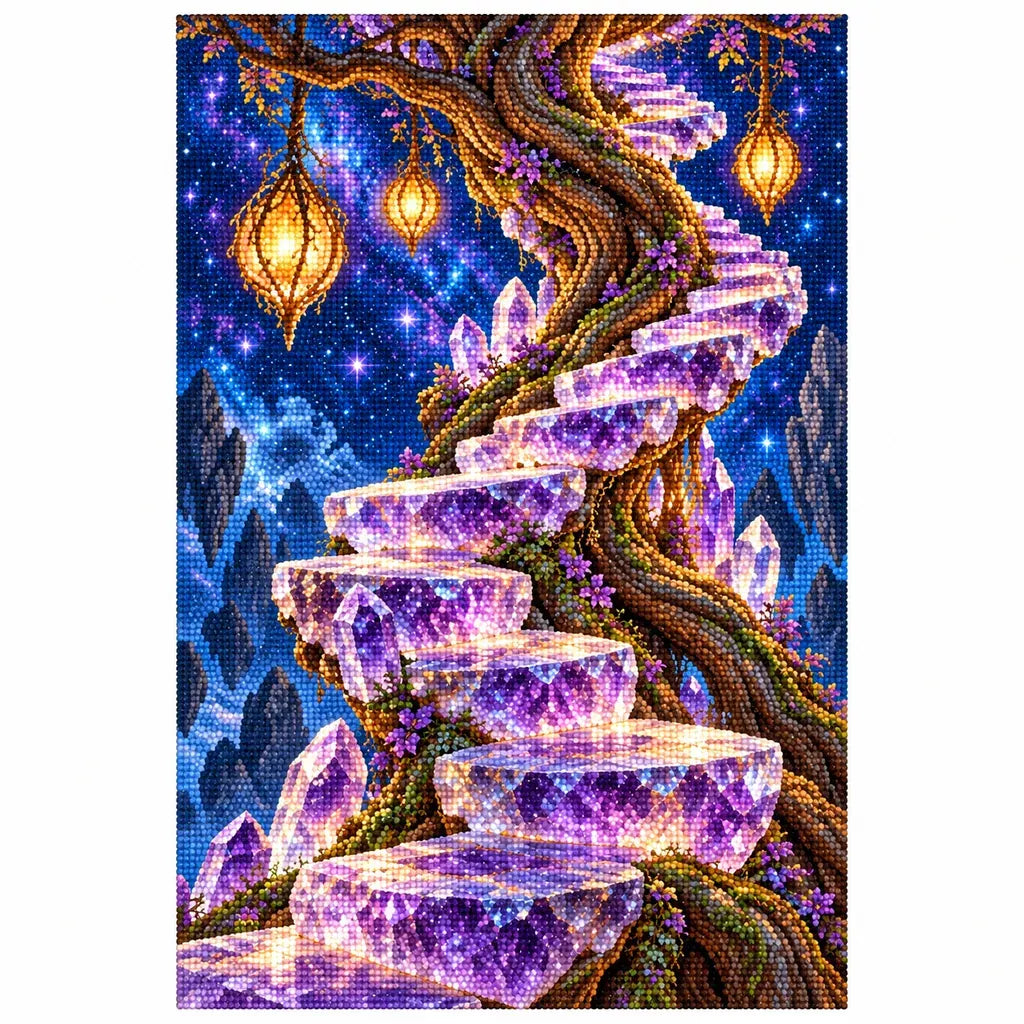 White-background finished diamond painting of a violet crystal stairway around a tree