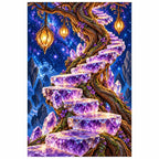 White-background finished diamond painting of a violet crystal stairway around a tree