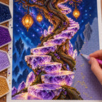Hands placing drills on the violet geode stairway diamond painting