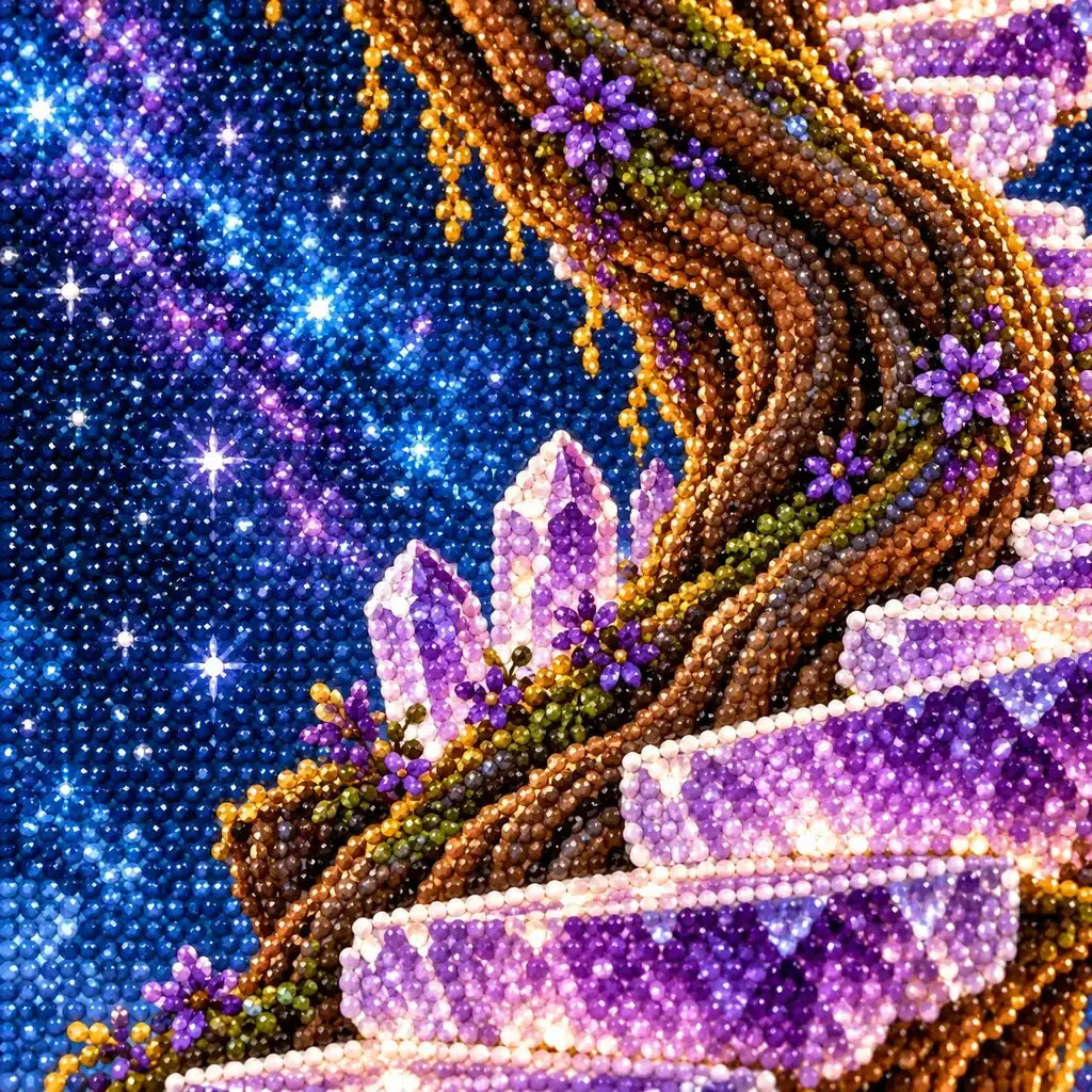 Close-up diamond drill detail on the violet geodes and tree roots