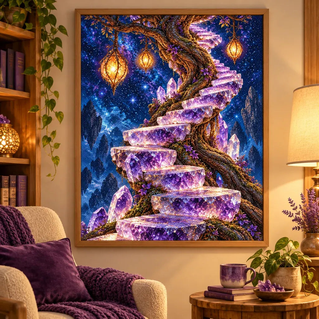 Violet geode stairway diamond painting displayed in a cozy home