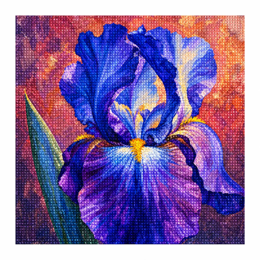 White-background finished diamond painting of Violet Iris Bloom