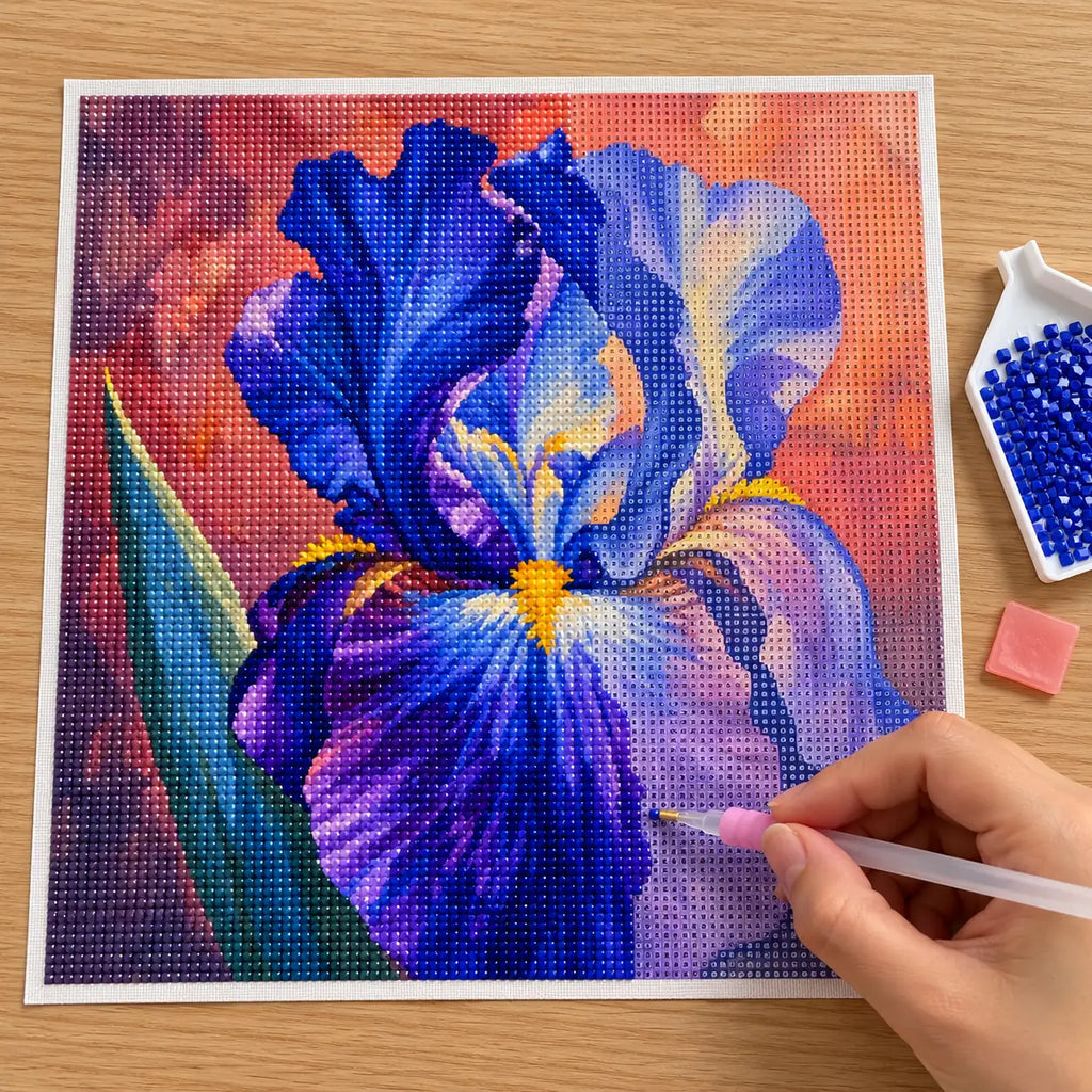 Diamond painting process for Violet Iris Bloom
