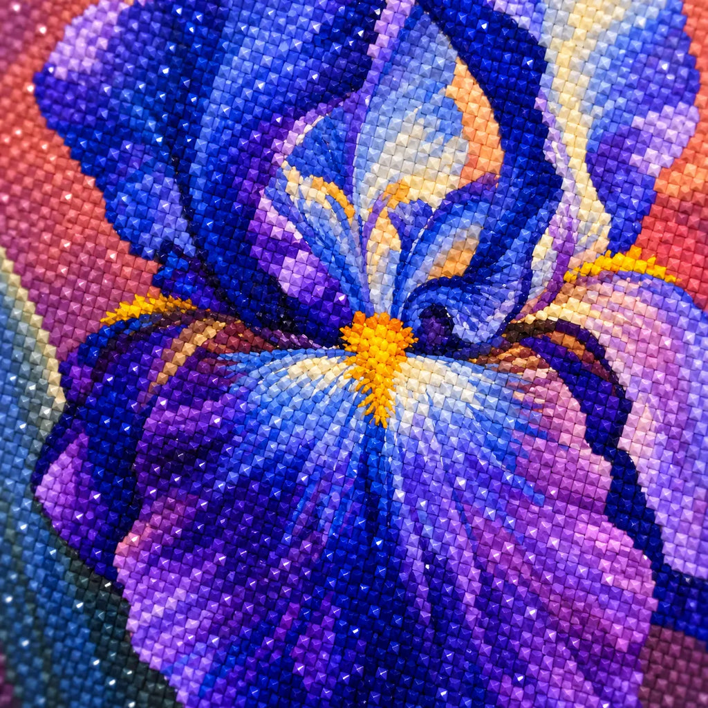 Close-up diamond drill detail of Violet Iris Bloom