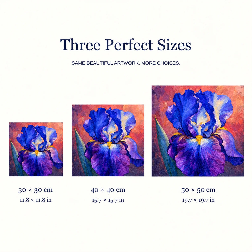 Three canvas sizes for Violet Iris Bloom