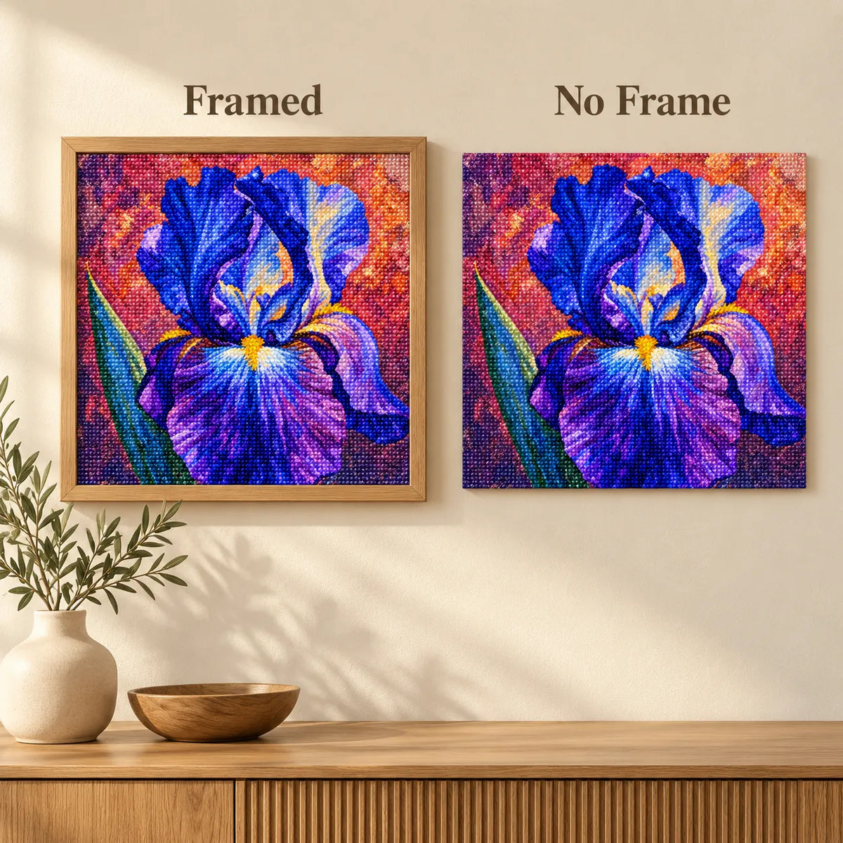Framed and no-frame comparison for Violet Iris Bloom