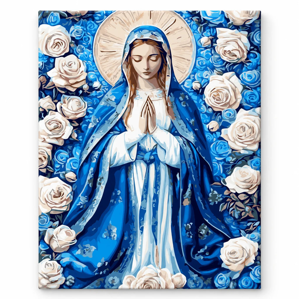 Virgin Mary with Blue Roses paint by numbers artwork on a front-facing canvas against a white background