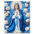 Virgin Mary with Blue Roses paint by numbers artwork on a front-facing canvas against a white background