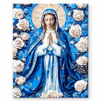 Virgin Mary with Blue Roses paint by numbers artwork on a front-facing canvas against a white background
