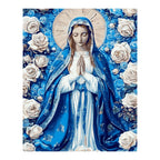 Virgin Mary with Blue Roses completed artwork on a clean white background