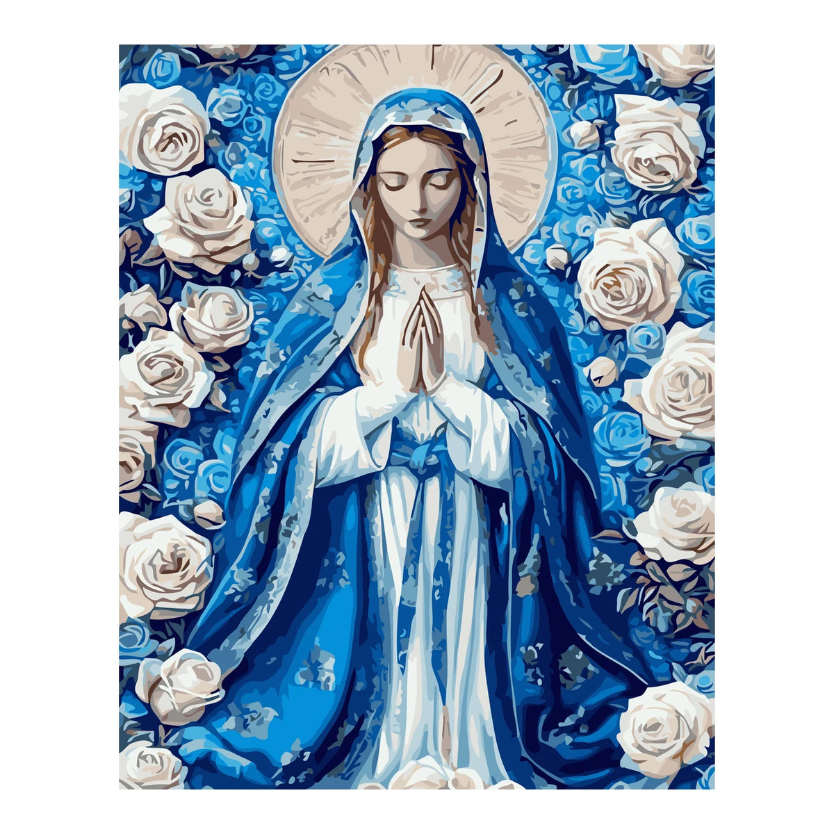 Virgin Mary with Blue Roses completed artwork on a clean white background