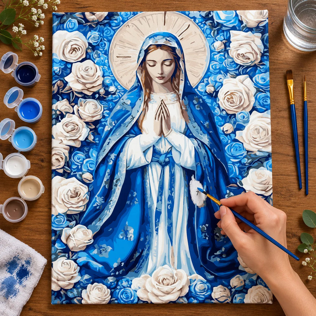 Complete Virgin Mary with Blue Roses numbered canvas being painted with acrylic paints and brushes