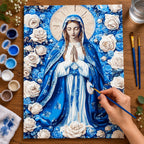 Complete Virgin Mary with Blue Roses numbered canvas being painted with acrylic paints and brushes