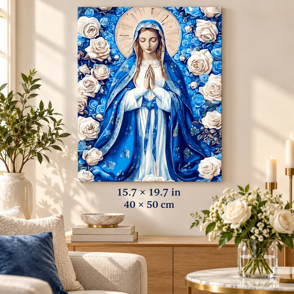 Virgin Mary with Blue Roses shown in a styled room with 15.7 × 19.7 in and 40 × 50 cm dimensions