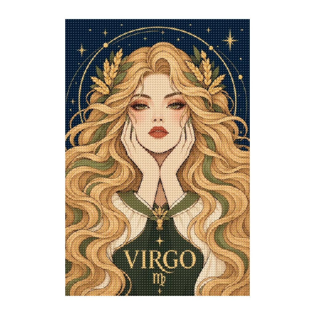 Finished white-background diamond painting of Virgo Wheatfield Maiden