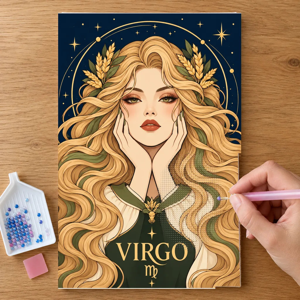 Hands placing drills on the Virgo Wheatfield Maiden diamond painting canvas