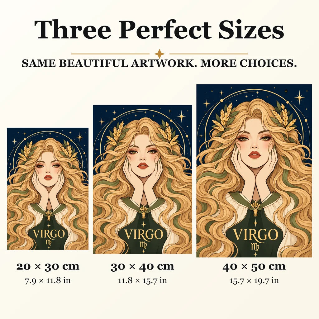 Virgo Wheatfield Maiden diamond painting in 20 by 30, 30 by 40, and 40 by 50 centimeter sizes