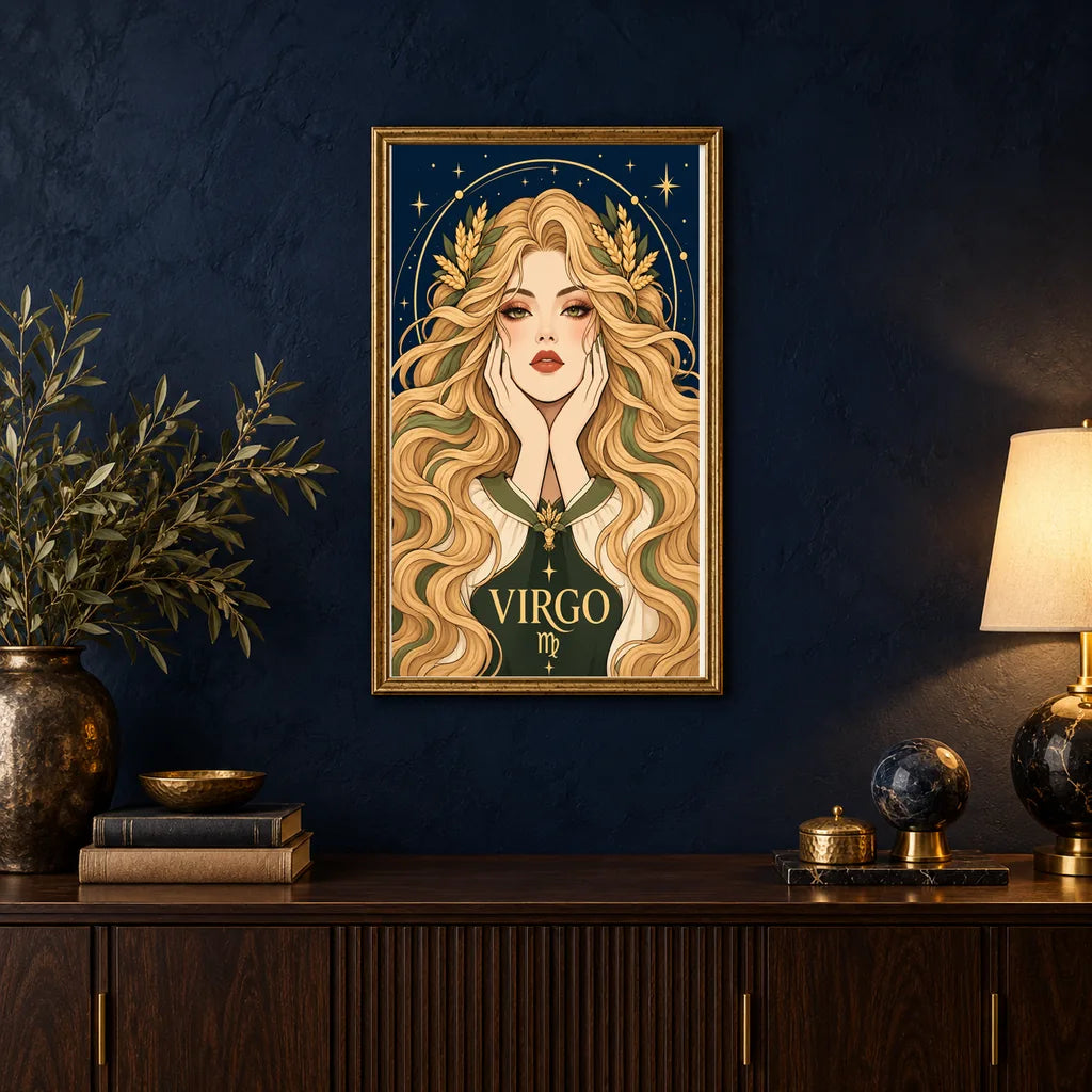 Framed Virgo Wheatfield Maiden diamond painting displayed in a home interior