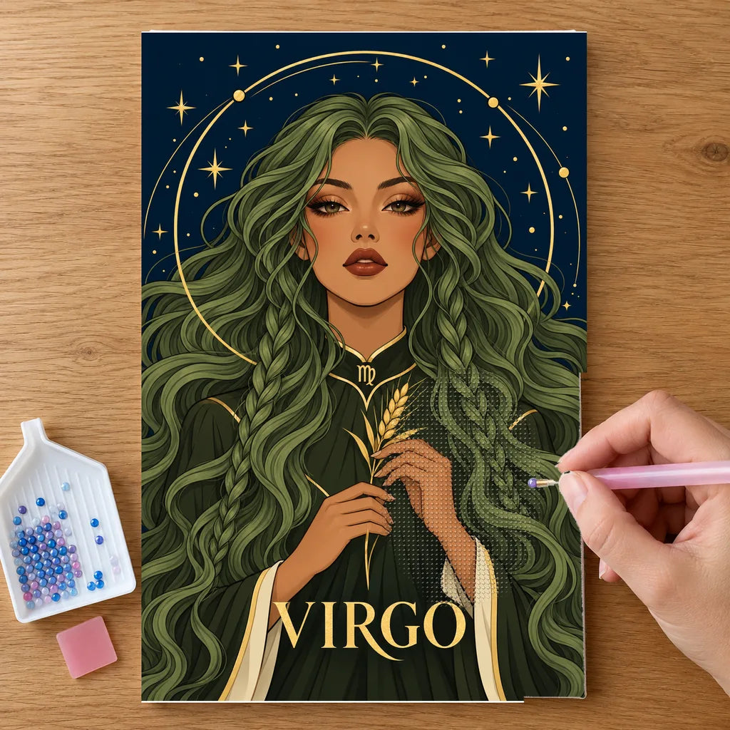 Hands placing drills on the Virgo Sage Herbalist diamond painting canvas