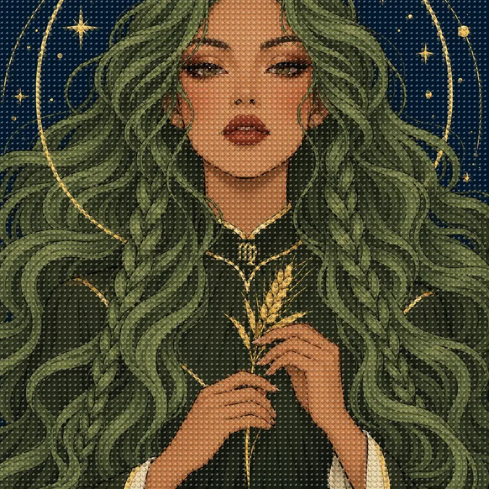 Close-up of sparkling drills on the Virgo Sage Herbalist design