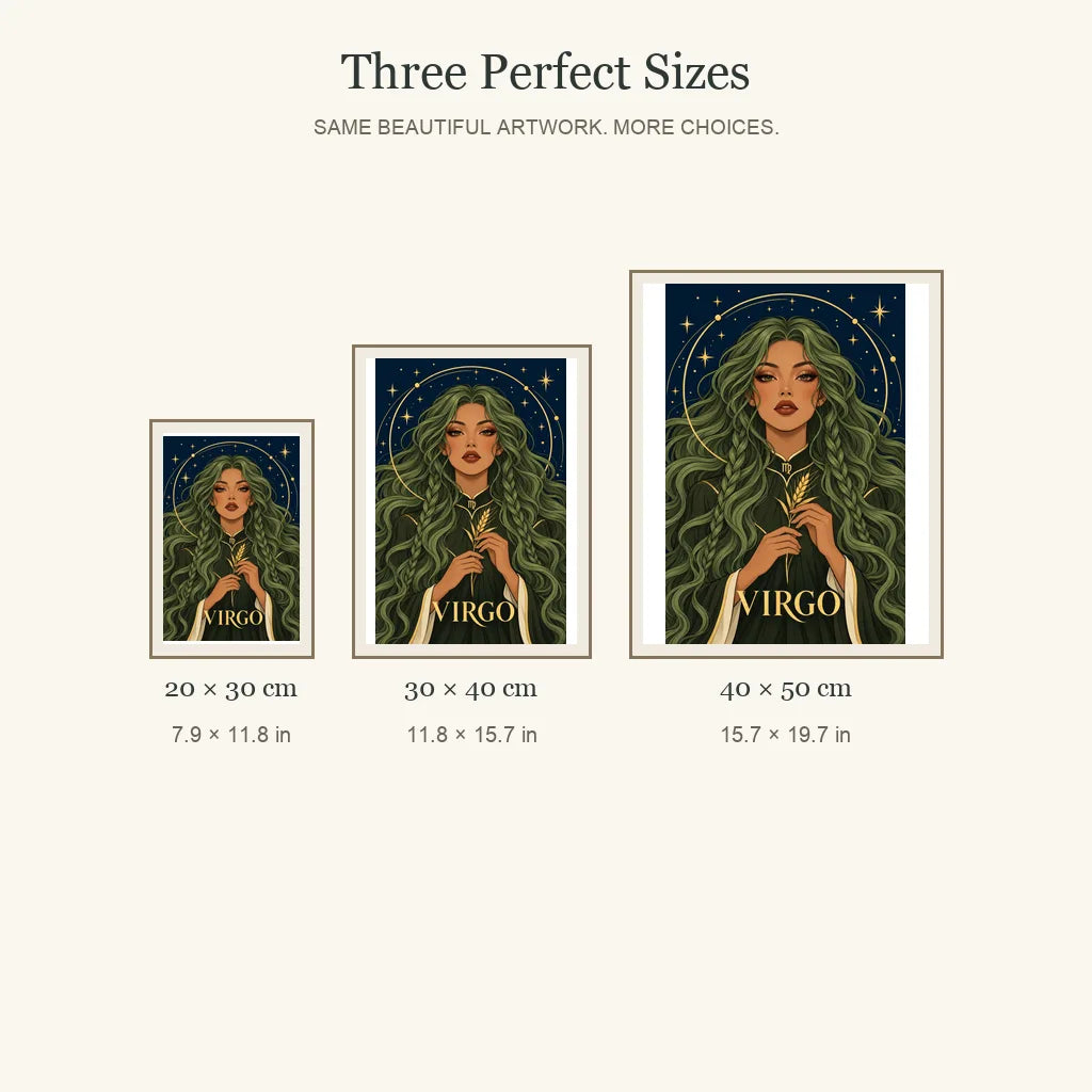 Virgo Sage Herbalist diamond painting in 20 by 30, 30 by 40, and 40 by 50 centimeter sizes