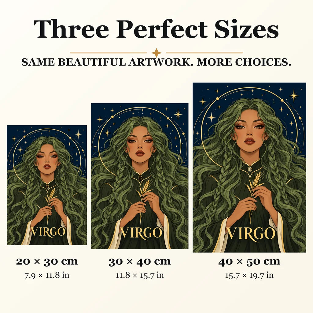 Virgo Sage Herbalist diamond painting in 20 by 30, 30 by 40, and 40 by 50 centimeter sizes