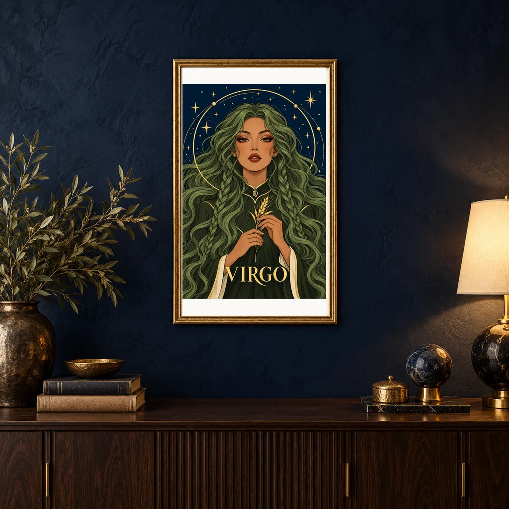 Framed Virgo Sage Herbalist diamond painting displayed in a home interior