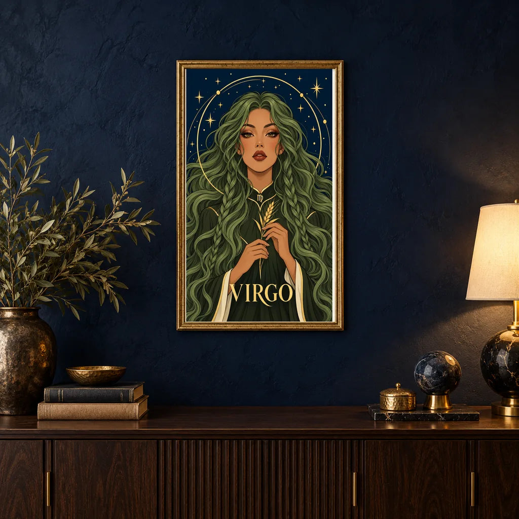 Framed Virgo Sage Herbalist diamond painting displayed in a home interior