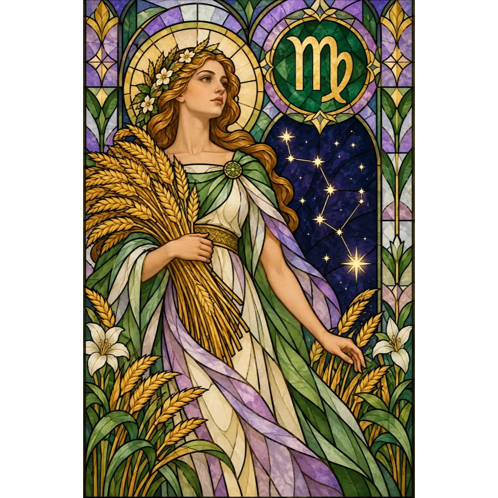 Virgo maiden with wheat and zodiac symbol, original design
