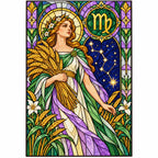 Virgo maiden with wheat and zodiac symbol, finished diamond painting on white background
