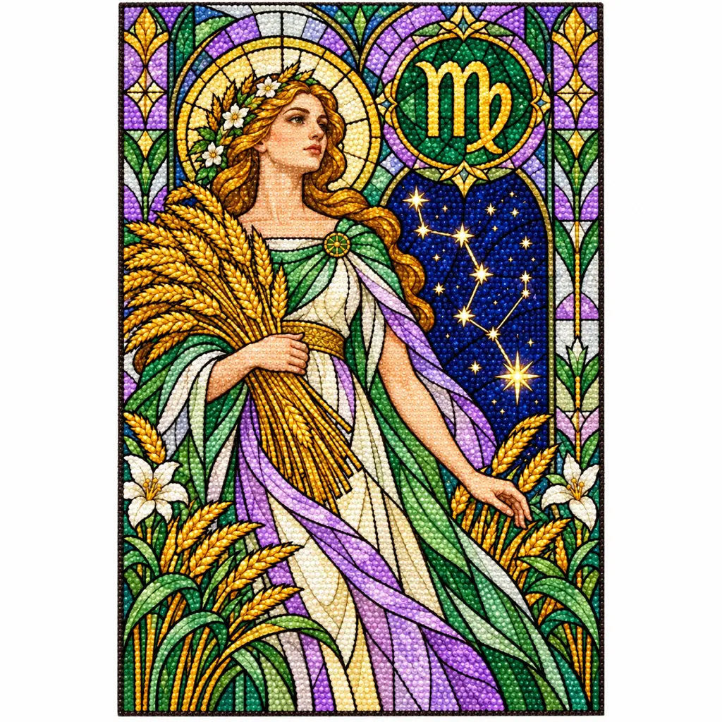 Virgo maiden with wheat and zodiac symbol, finished diamond painting on white background